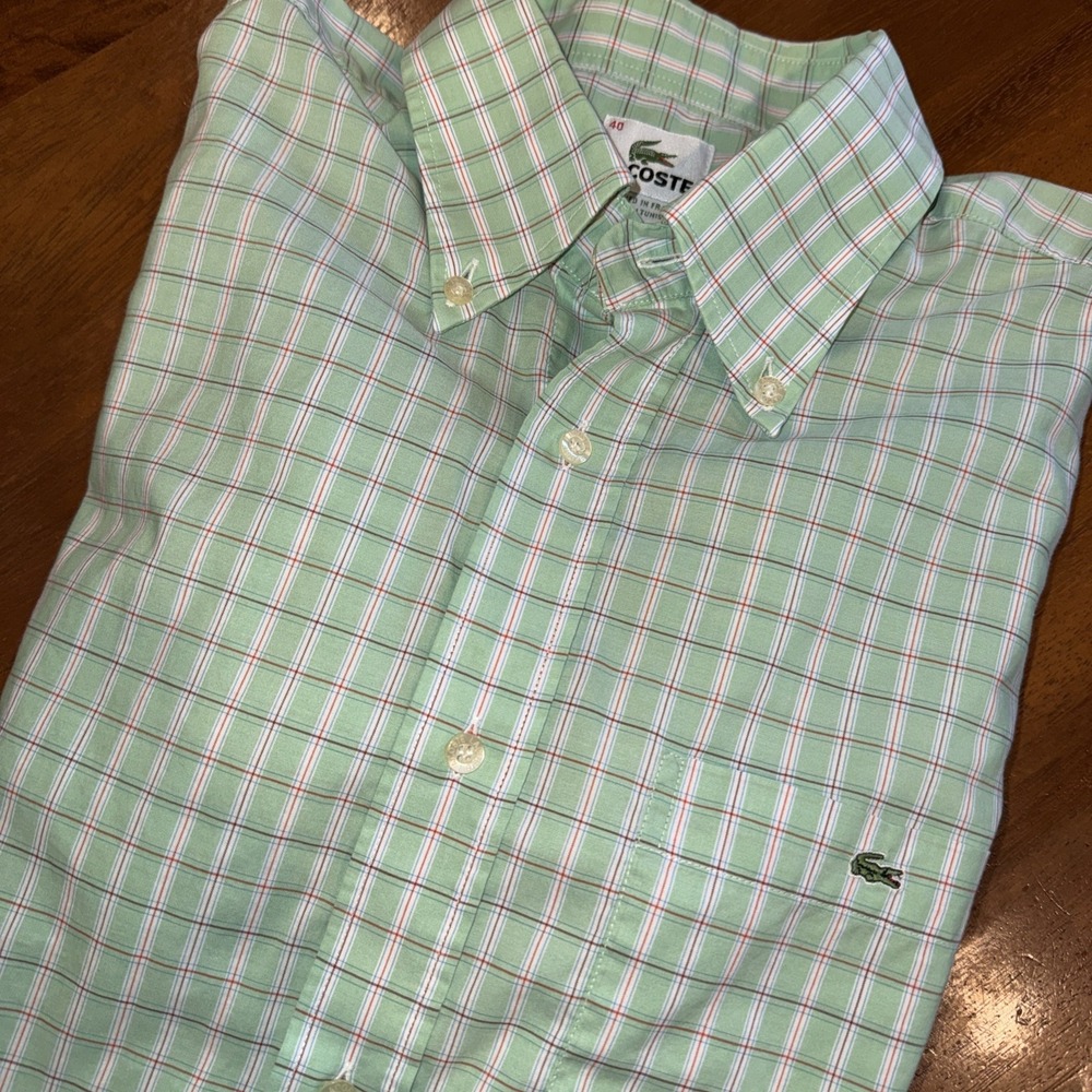 Lacoste Men's Button Down Long Sleeve Shirt Green Plaid Size 40 (M)
